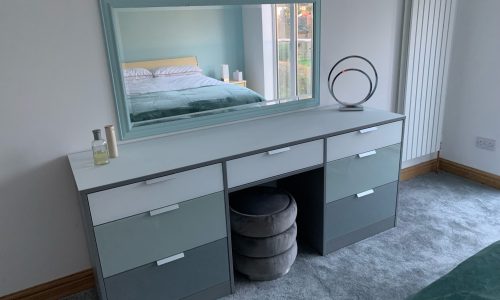 Bespoke 7 Drawer Dressing Table Grey Metallic Glass Grey Classic Glass Pure White Matt Glass Glass Top