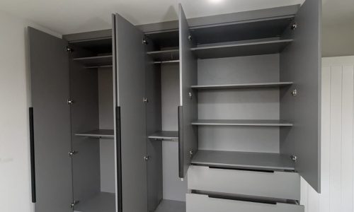 Hinged 5 Door Wardrobe with 3 Drawers Pearl Grey Wood Interior (Customer own handles)