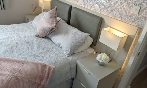 Upholstered Headboard LED lights Cashmere Wood bedside 2 Drawer Noma handles