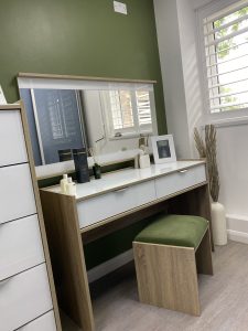 Contemporary Dressing Table Mirror & Stool Grey Bardolino Oak White Gloss Glass